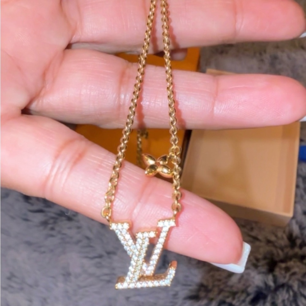 Louis Vuitton Gold and Crystal LV Logo Necklace